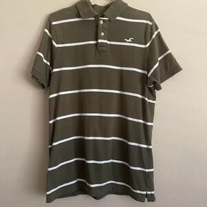 VTG Y2K  Hollister‎ Striped Collared Polo Mens Shirt Olive Preppy Logo Rugby XL
